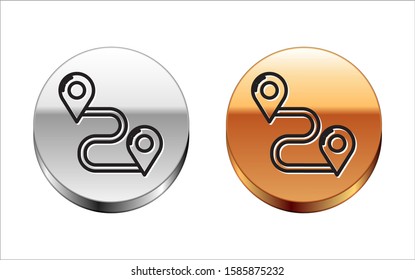 Black line Route location icon isolated on white background. Map pointer sign. Concept of path or road. GPS navigator. Silver-gold circle button. Vector Illustration