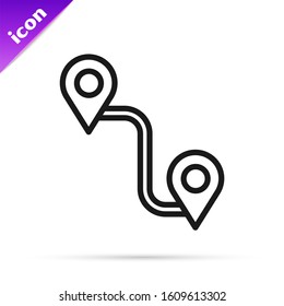 Black line Route location icon isolated on white background. Map pointer sign. Concept of path or road. GPS navigator.  Vector Illustration