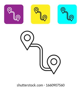 Black line Route location icon isolated on white background. Map pointer sign. Concept of path or road. GPS navigator. Set icons colorful square buttons. Vector Illustration