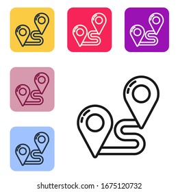 Black line Route location icon isolated on white background. Map pointer sign. Concept of path or road. GPS navigator. Set icons in color square buttons. Vector Illustration