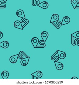 Black line Route location icon isolated seamless pattern on green background. Map pointer sign. Concept of path or road. GPS navigator.  Vector Illustration
