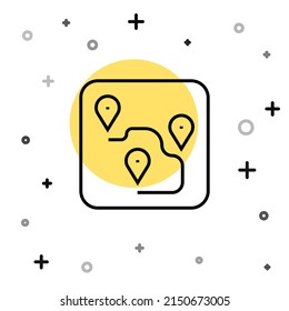 Black line Route location icon isolated on white background. Map pointer sign. Concept of path or road. GPS navigator. Random dynamic shapes. Vector