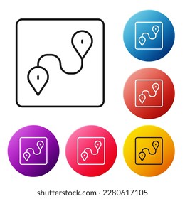 Black line Route location icon isolated on white background. Map pointer sign. Concept of path or road. GPS navigator. Set icons colorful circle buttons. Vector