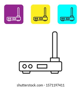 Black line Router and wi-fi signal symbol icon isolated on white background. Wireless ethernet modem router. Computer technology internet. Set icons colorful square buttons. Vector Illustration