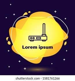 Black line Router and wi-fi signal symbol icon isolated on blue background. Wireless ethernet modem router. Computer technology internet. Abstract banner with liquid shapes. Vector Illustration