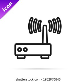 Black line Router and wi-fi signal icon isolated on white background. Wireless ethernet modem router. Computer technology internet.  Vector