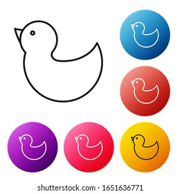 Black line Rubber duck icon isolated on white background. Set icons colorful circle buttons. Vector Illustration