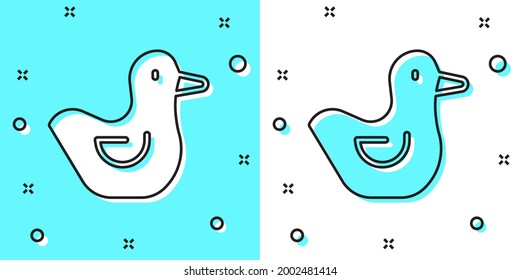 Black line Rubber duck icon isolated on green and white background. Random dynamic shapes. Vector