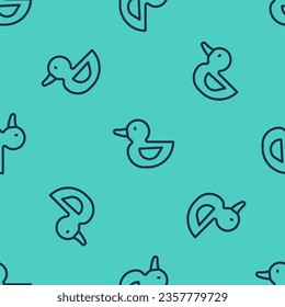 Black line Rubber duck icon isolated seamless pattern on green background.  Vector