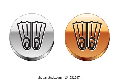 Black line Rubber flippers for swimming icon isolated on white background. Diving equipment. Extreme sport. Sport equipment. Silver-gold circle button. Vector Illustration
