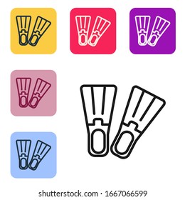 Black line Rubber flippers for swimming icon isolated on white background. Diving equipment. Extreme sport. Sport equipment. Set icons in color square buttons. Vector Illustration