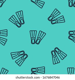 Black line Rubber flippers for swimming icon isolated seamless pattern on green background. Diving equipment. Extreme sport. Sport equipment.  Vector Illustration