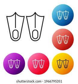 Black line Rubber flippers for swimming icon isolated on white background. Diving equipment. Extreme sport. Diving underwater equipment. Set icons colorful circle buttons. Vector