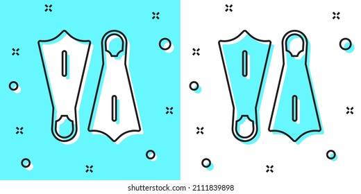 Black line Rubber flippers for swimming icon isolated on green and white background. Diving equipment. Extreme sport. Sport equipment. Random dynamic shapes. Vector