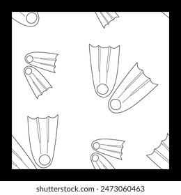 Black line Rubber flippers for swimming icon isolated seamless pattern. Diving equipment, Extreme sport Vector Outline Illustration. Background or Template for Textile, Wrapping Paper, Fabric.