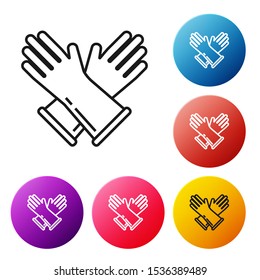 Black line Rubber gloves icon isolated on white background. Latex hand protection sign. Housework cleaning equipment symbol. Set icons colorful circle buttons. Vector Illustration