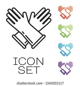 Black line Rubber gloves icon isolated on white background. Latex hand protection sign. Housework cleaning equipment symbol. Set icons colorful. Vector Illustration