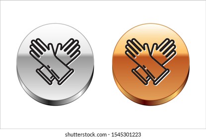 Black line Rubber gloves icon isolated on white background. Latex hand protection sign. Housework cleaning equipment symbol. Silver-gold circle button. Vector Illustration
