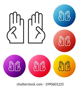 Línea negra Icono de guantes de goma aislados en fondo blanco. Signo de protección de la mano de látex. Símbolo del equipo de limpieza de limpieza de la casa. Establece los iconos de los botones de círculo coloridos. Vector