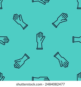 Black line Rubber gloves icon isolated seamless pattern on green background. Latex hand protection sign. Housework cleaning equipment symbol.  Vector