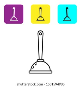 Black line Rubber plunger with wooden handle for pipe cleaning icon isolated on white background. Toilet plunger. Set icons colorful square buttons. Vector Illustration