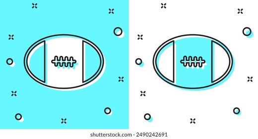Black line Rugby ball icon isolated on green and white background. Random dynamic shapes. Vector
