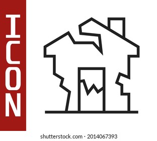 Black Line Ruined House Icon Isolated On White Background. Broken House. Derelict Home. Abandoned Home.  Vector