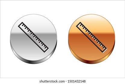 Black line Ruler icon isolated on white background. Straightedge symbol. Silver-gold circle button. Vector Illustration