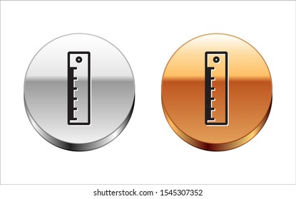 Black line Ruler icon isolated on white background. Straightedge symbol. Silver-gold circle button. Vector Illustration