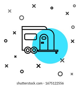 Black line Rv Camping trailer icon isolated on white background. Travel mobile home, caravan, home camper for travel. Random dynamic shapes. Vector Illustration