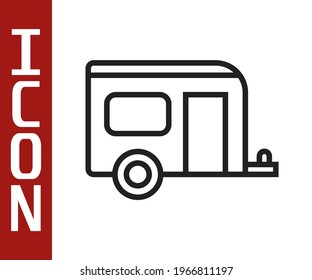 Black line Rv Camping trailer icon isolated on white background. Travel mobile home, caravan, home camper for travel.  Vector