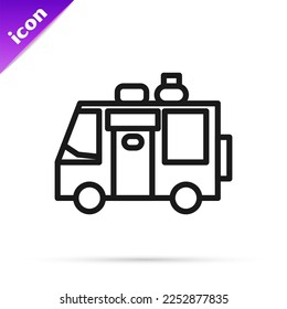 Black line Rv Camping trailer icon isolated on white background. Travel mobile home, caravan, home camper for travel.  Vector Illustration