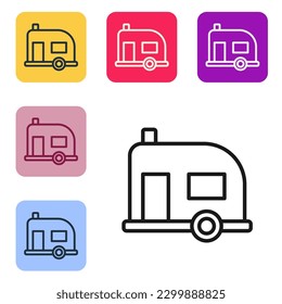 Black line Rv Camping trailer icon isolated on white background. Travel mobile home, caravan, home camper for travel. Set icons in color square buttons. Vector Illustration