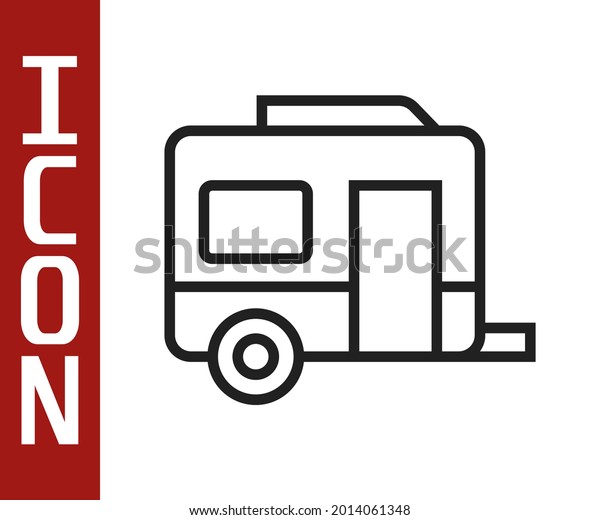 Black line Rv Camping trailer icon isolated on\
white background. Travel mobile home, caravan, home camper for\
travel.  Vector