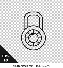 Black line Safe combination lock wheel icon isolated on transparent background. Combination padlock. Security, safety, protection, password, privacy.  Vector Illustration