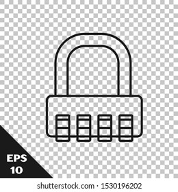 Black line Safe combination lock icon isolated on transparent background. Combination padlock. Security, safety, protection, password, privacy.  Vector Illustration