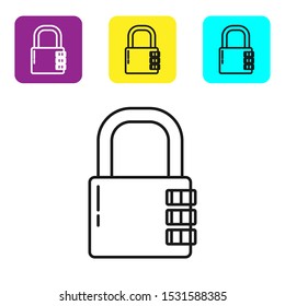 Black line Safe combination lock icon isolated on white background. Combination padlock. Security, safety, protection, password, privacy. Set icons colorful square buttons. Vector Illustration