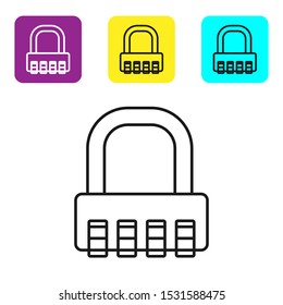 Black line Safe combination lock icon isolated on white background. Combination padlock. Security, safety, protection, password, privacy. Set icons colorful square buttons. Vector Illustration