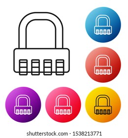 Black line Safe combination lock icon isolated on white background. Combination padlock. Security, safety, protection, password, privacy. Set icons colorful circle buttons. Vector Illustration