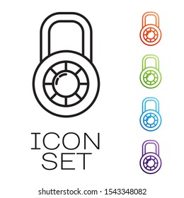 Black line Safe combination lock wheel icon isolated on white background. Combination padlock. Security, safety, protection, password, privacy. Set icons colorful. Vector Illustration