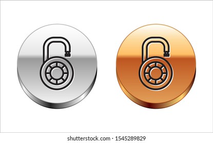 Black line Safe combination lock wheel icon isolated on white background. Combination padlock. Security, safety, protection, password, privacy. Silver-gold circle button. Vector Illustration