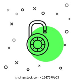 Black line Safe combination lock wheel icon isolated on white background. Combination padlock. Security, safety, protection, password, privacy.  Vector Illustration