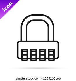 Black line Safe combination lock icon isolated on white background. Combination padlock. Security, safety, protection, password, privacy.  Vector Illustration
