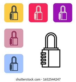 Black line Safe combination lock icon isolated on white background. Combination padlock. Security, safety, protection, password, privacy. Set icons in color square buttons. Vector Illustration