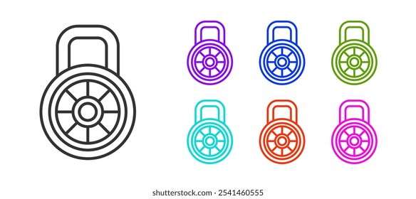 Black line Safe combination lock icon isolated on white background. Combination padlock. Security, safety, protection, password, privacy. Set icons colorful. Vector