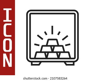 Black line Safe with gold bars icon isolated on white background. Precious metals on deposit in bank. Metallic treasury. Reliable data protection.  Vector