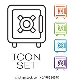 Black line Safe icon isolated on white background. The door safe a bank vault with a combination lock. Reliable Data Protection. Set icons colorful. Vector Illustration