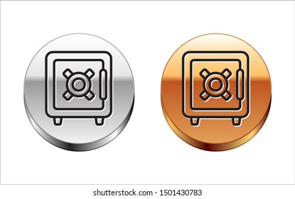 Black line Safe icon isolated on white background. The door safe a bank vault with a combination lock. Reliable Data Protection. Silver-gold circle button. Vector Illustration