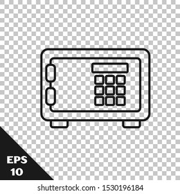 Black line Safe icon isolated on transparent background. The door safe a bank vault with a combination lock. Reliable Data Protection.  Vector Illustration