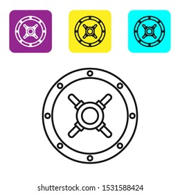 Black line Safe icon isolated on white background. The door safe a bank vault with a combination lock. Reliable Data Protection. Set icons colorful square buttons. Vector Illustration